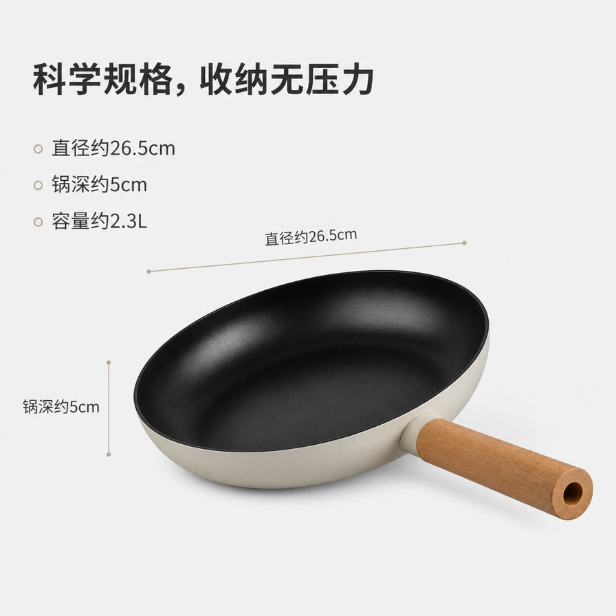 煎锅规格示意图，标注直径约26.5cm、锅深约5cm、容量约2.3L等中文尺寸信息。