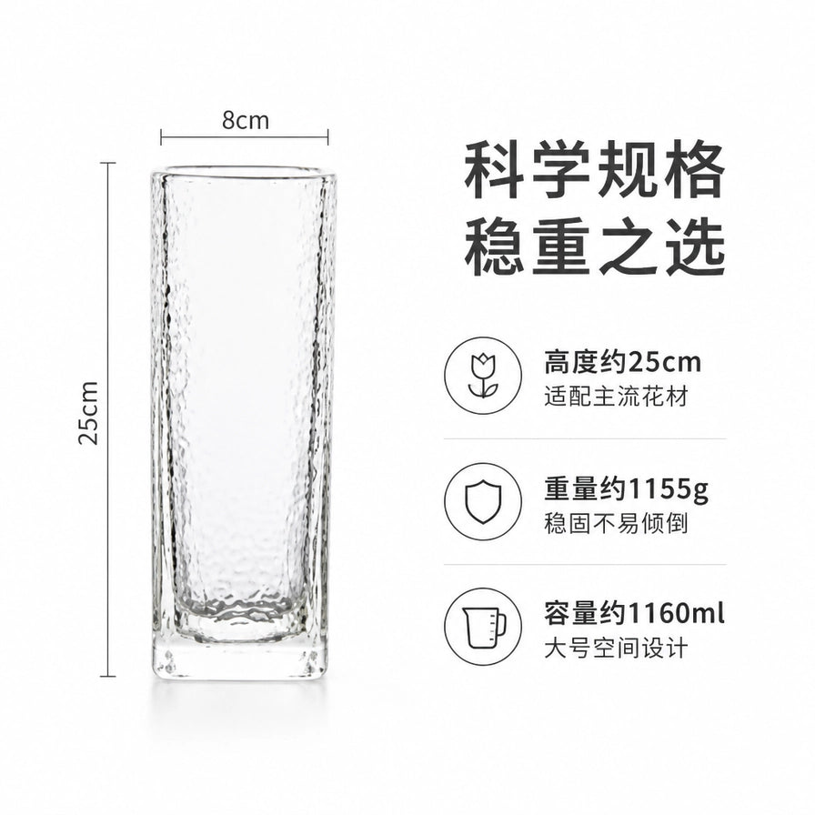 日式锤纹描金花瓶的尺寸规格图，标注高度25cm、口径8cm、重量1155g及容量1160ml。