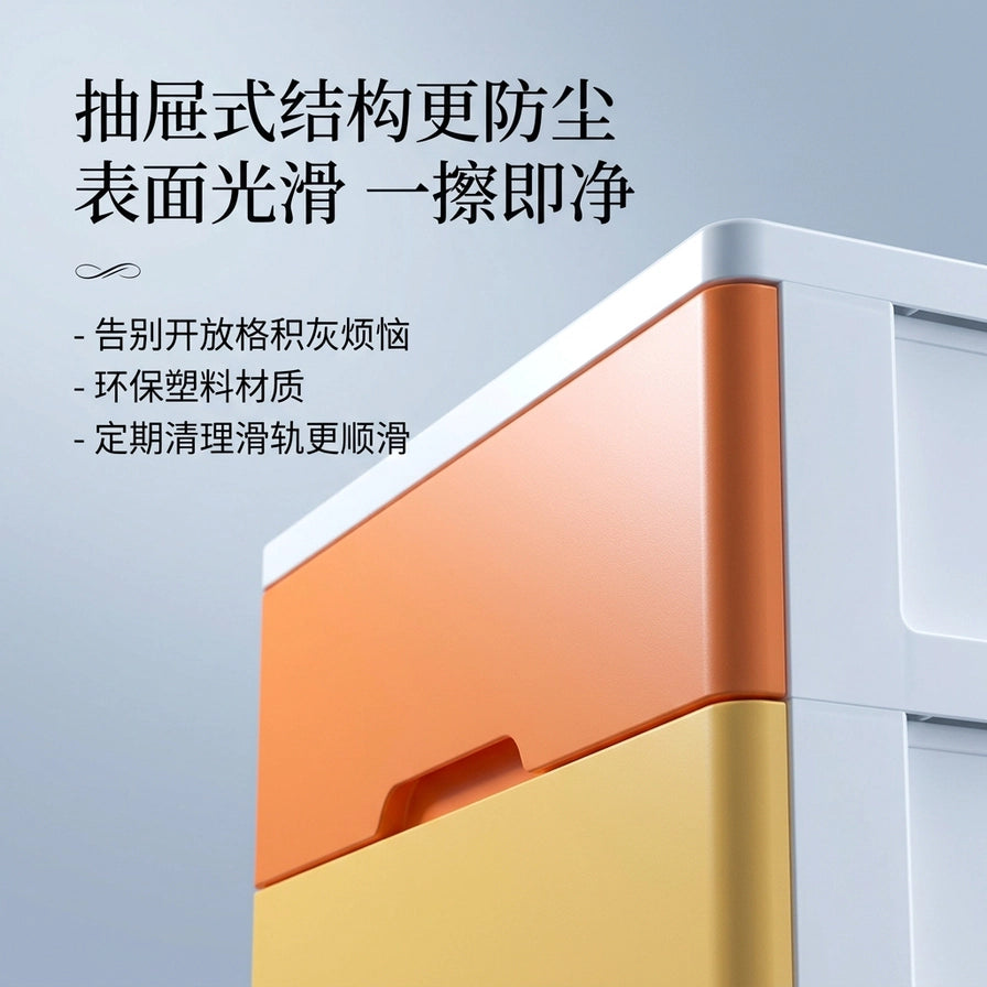 收纳柜局部特写图，配有中文说明文字强调抽屉式结构防尘及表面光滑易打理的卖点。