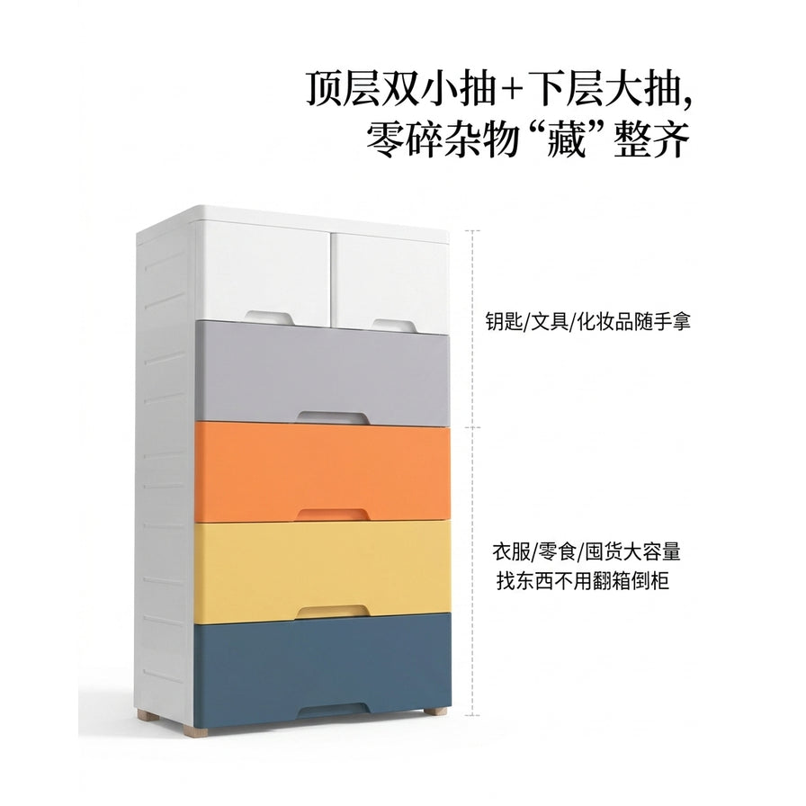 收纳柜功能分区示意图，配有中文标注说明顶层适合放钥匙文具，下层大容量可装衣物零食。