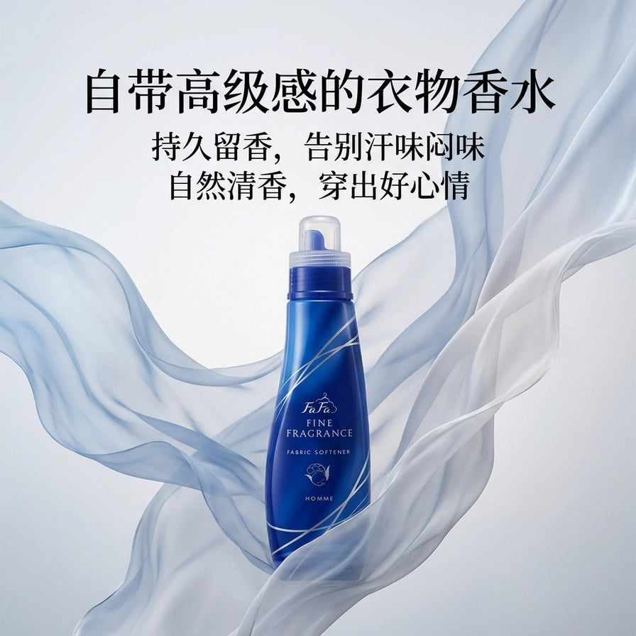 日本衣物香水柔顺剂在蓝色和白色丝绸背景前的展示，上方配有中文宣传文字。