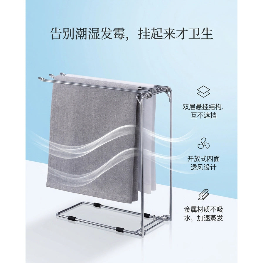 通风防潮抹布架营销图，展示双层悬挂结构和气流示意，配文告别潮湿发霉、开放式四面透风设计及金属材质加速蒸发。