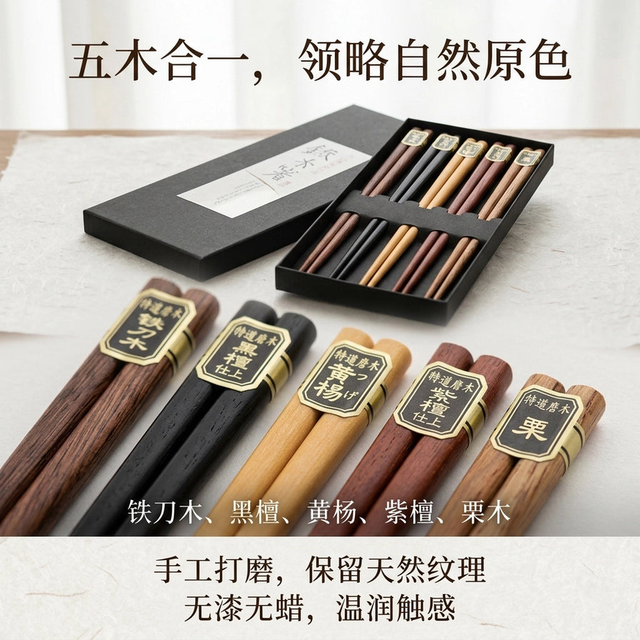 日式原木筷子卖点图，上方文字为五木合一领略自然原色，下方展示五种木材名称及手工打磨特点。