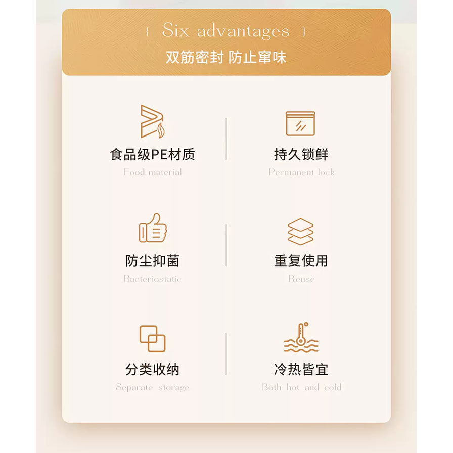 佳帮手双筋密封袋的六大优势介绍，包括食品级材质、持久锁鲜、重复使用等。