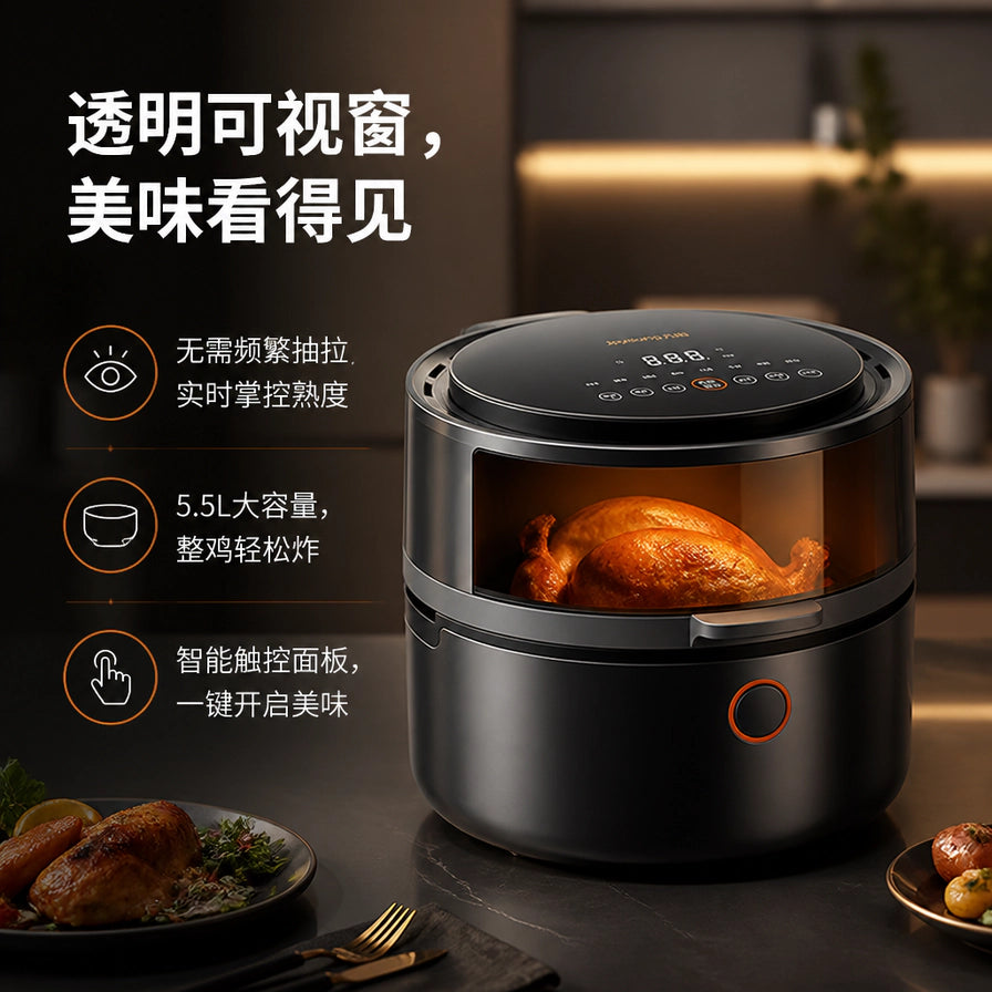 九阳空气炸锅卖点图，展示透明可视窗、5.5L大容量和智能触控面板三大核心优势，内部正在炸制整鸡。