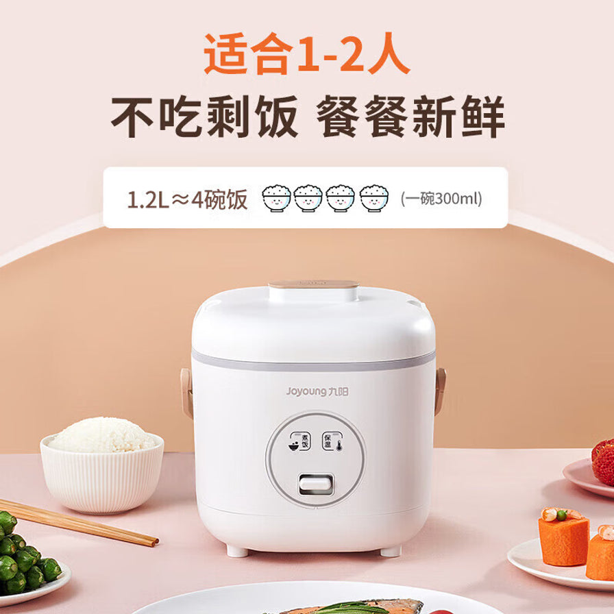 九阳电饭煲正面图，上方文字说明适合1 - 2人使用，1.2L容量约等于4碗饭。