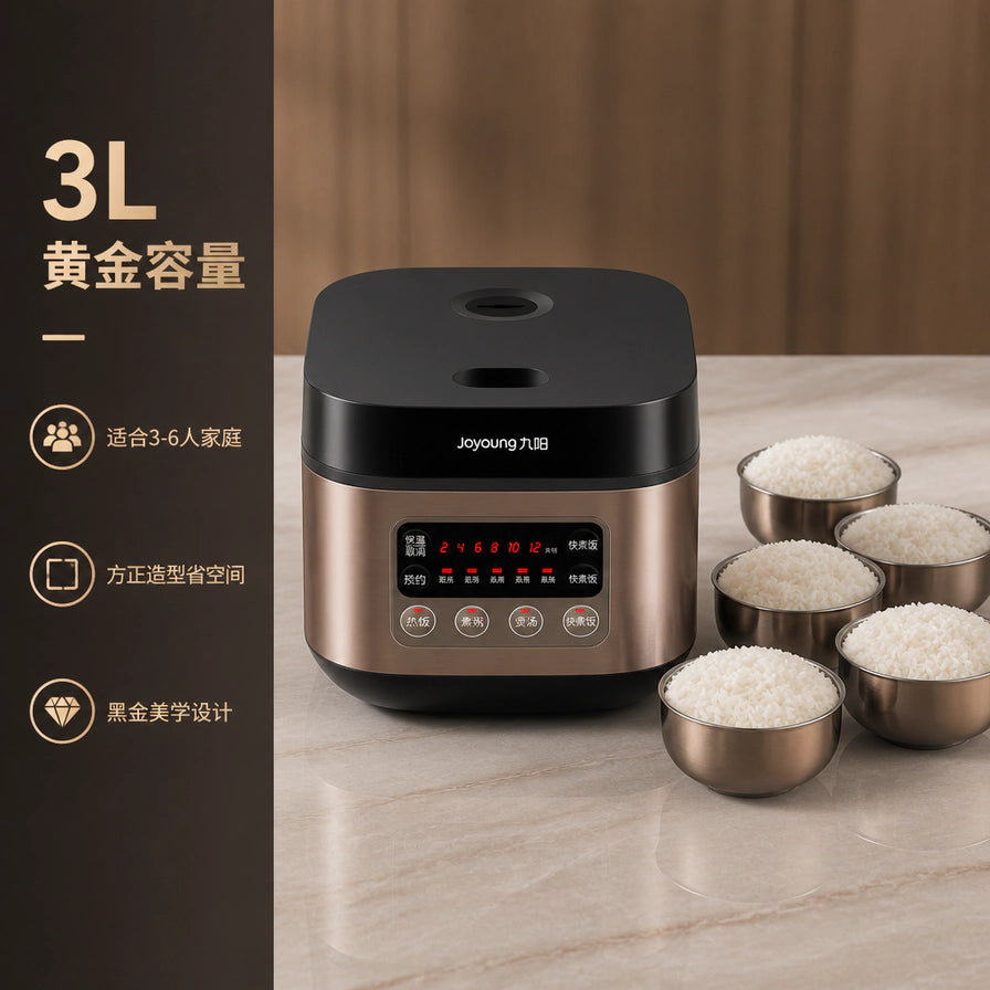 Joyoung九阳3L容量智能方煲，展示适合3 - 6人家庭使用的黄金容量及黑金美学设计