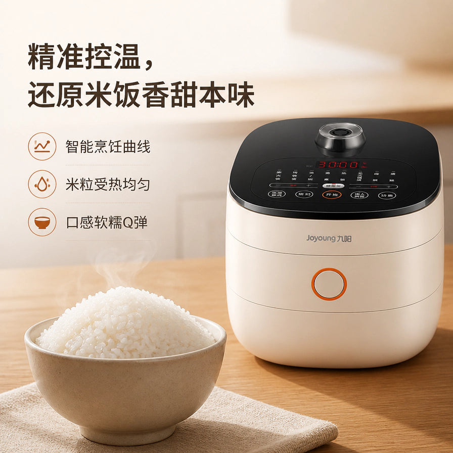 九阳电饭煲与一碗热气腾腾的白米饭，背景带有精准控温、米粒受热均匀等烹饪卖点说明文字。