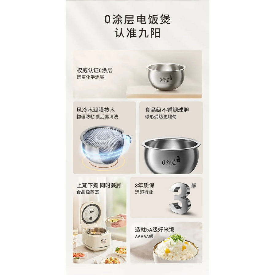 九阳电饭煲卖点集合图，展示 304 不锈钢内胆、水润膜技术、食品级蒸笼及 3 年质保说明。