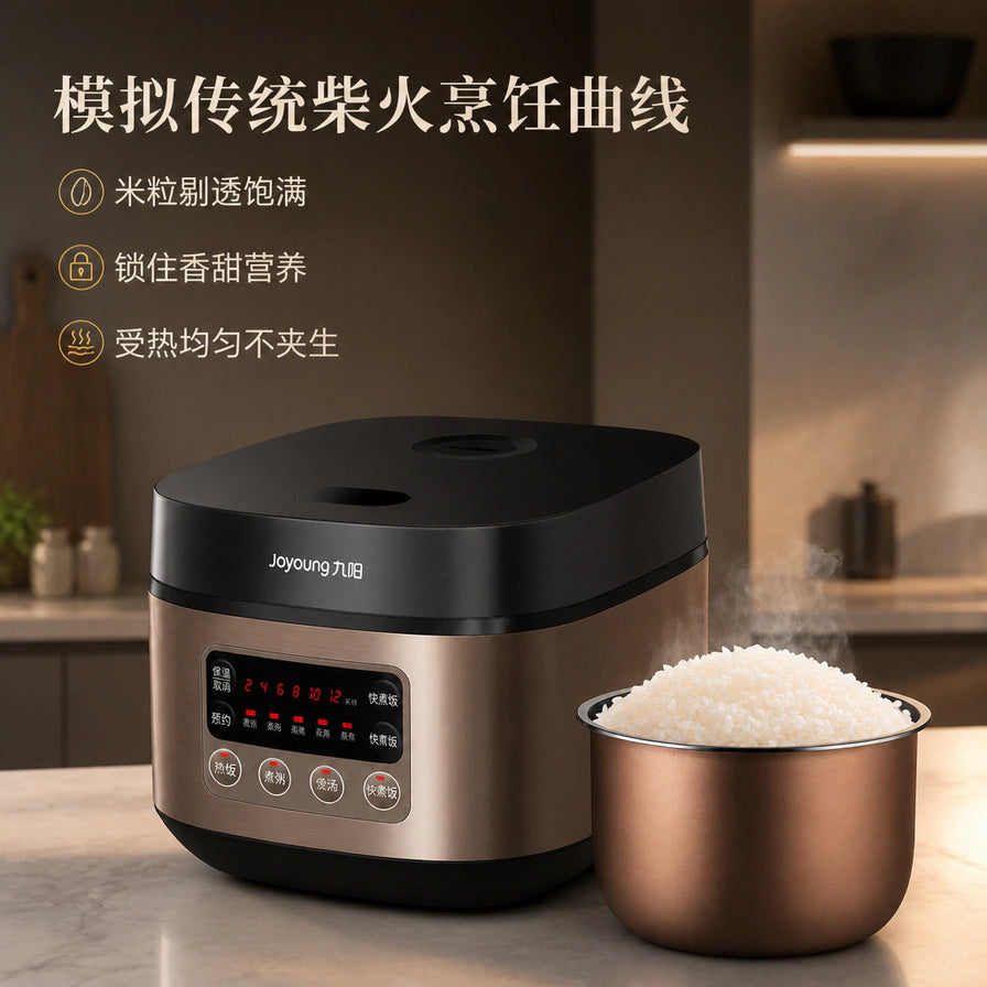 Joyoung九阳智能方煲在厨房台面的场景图，配有模拟柴火烹饪曲线的文字说明