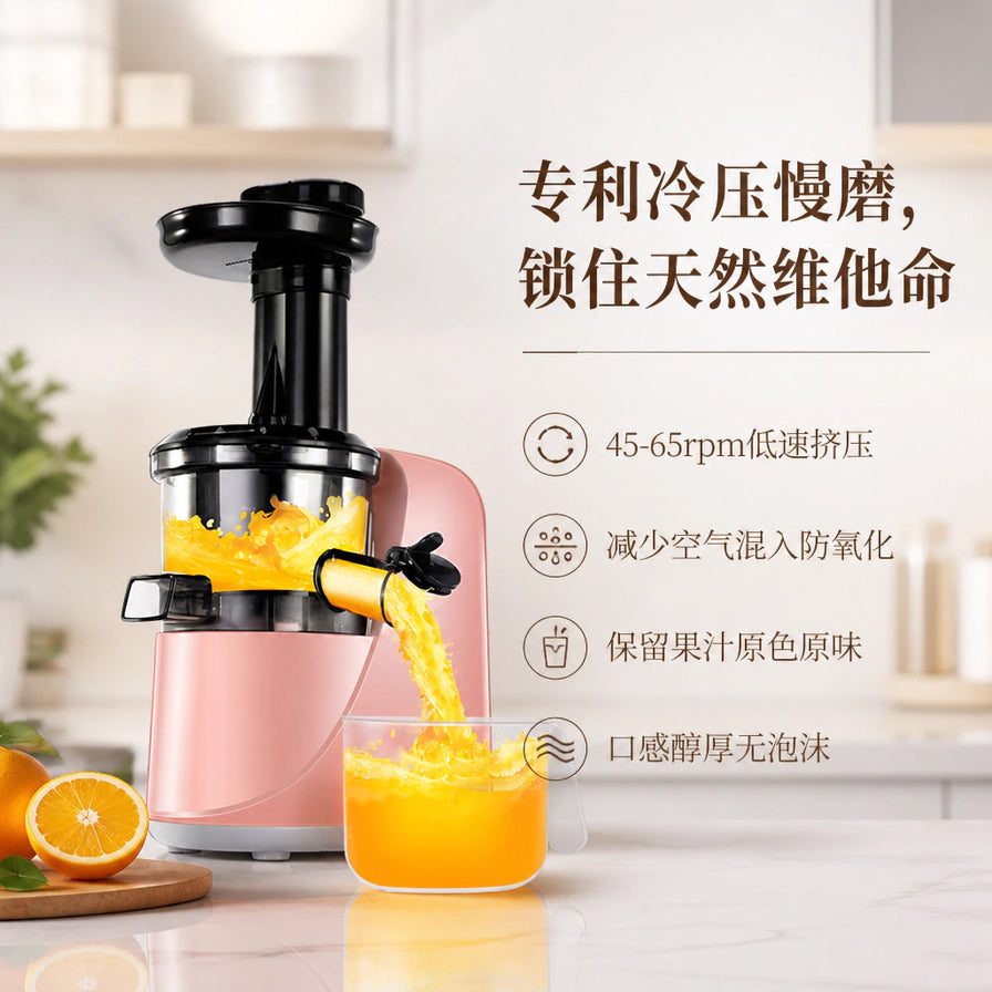 九阳原汁机在厨房台面上的使用场景图，右侧配有中文卖点文字：专利冷压慢磨、低速挤压、防氧化、保留原味。