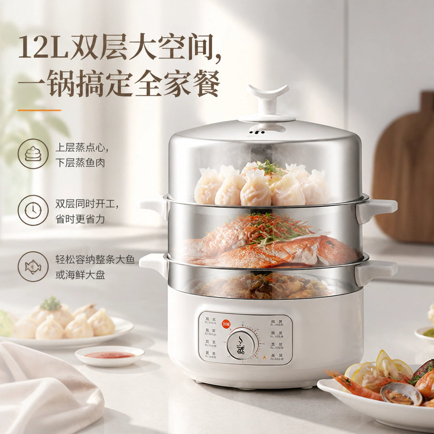 九阳电蒸锅卖点图，标注12L双层大空间，上层蒸点心下层蒸鱼肉，展示一锅搞定全家餐的功能。