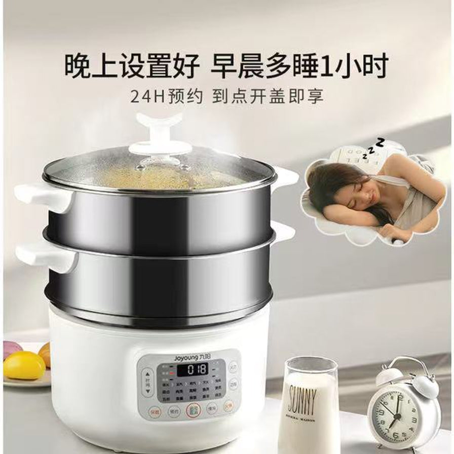 九阳电蒸锅使用场景图，展示 24 小时预约功能，背景有正在睡觉的女性、闹钟和牛奶，强调省时省力。