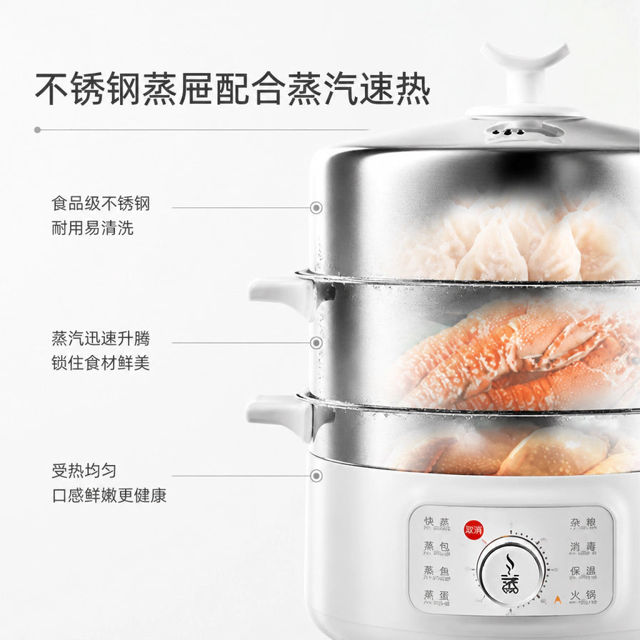 九阳电蒸锅细节图，展示不锈钢蒸屉材质与蒸汽速热技术，标注食品级材质易清洗及受热均匀等卖点。