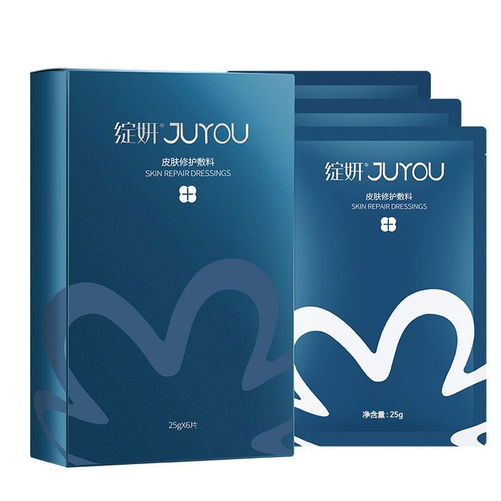 绽妍修护面膜单片包装平铺展示，可见产品成分说明及使用示意图