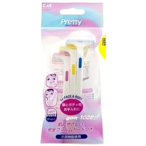贝印 Pretty 修眉剃毛刀包装袋正面特写，可见日文说明与产品图示。