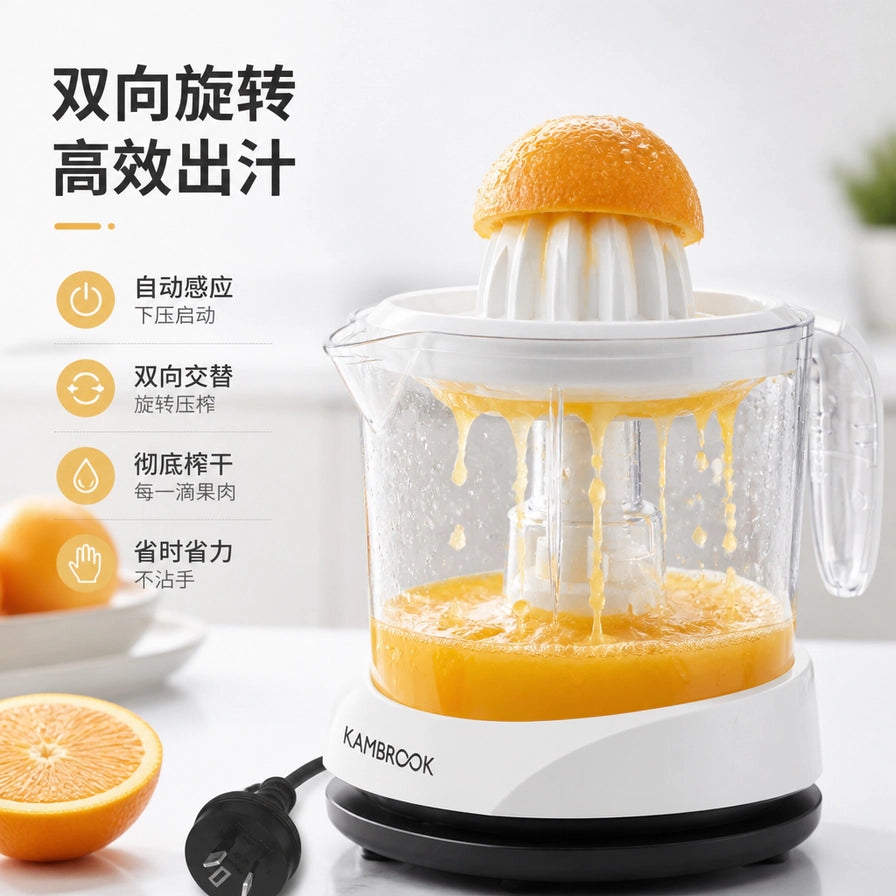 Kambrook 电动榨汁机正在压榨橙子，配有中文说明：双向旋转高效出汁、自动感应、彻底榨干。