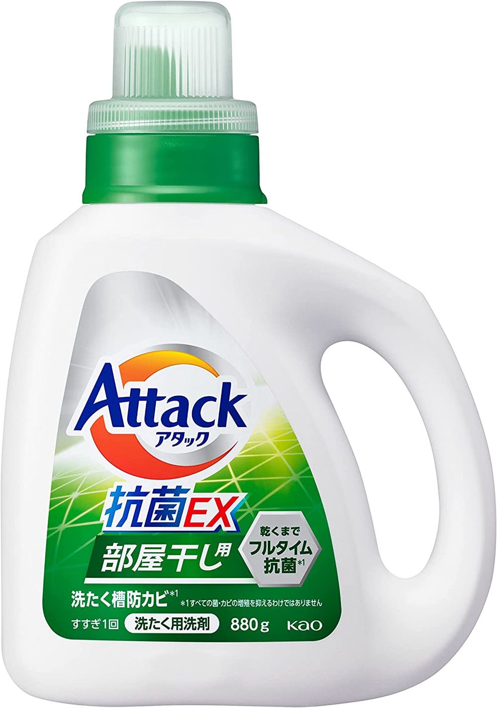 花王 Attack 浓缩洗衣液绿色瓶装，专为室内晾晒设计以防臭抗菌。