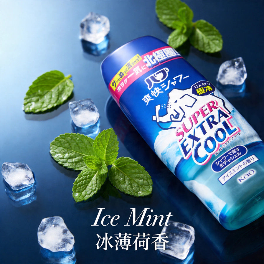 花王劲凉沐浴乳与薄荷叶、冰块摆拍场景图，底部标注英文及中文“冰薄荷香”。