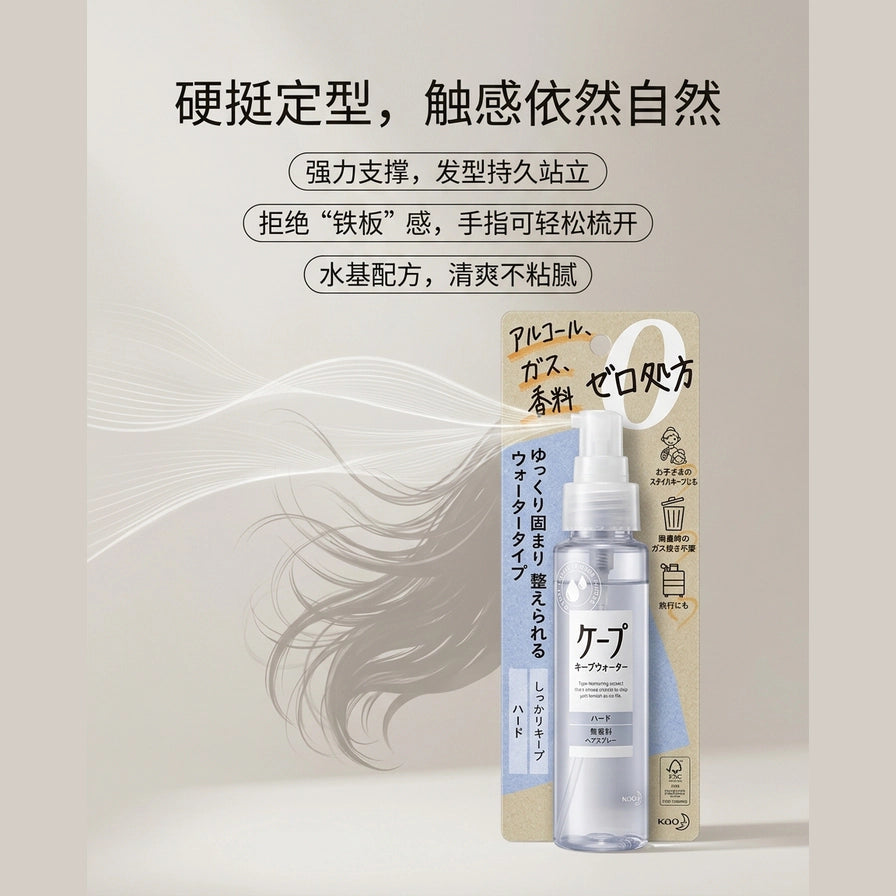 KAO Cape 硬挺定型效果场景图，展示自然发丝支撑力与中文特性描述。