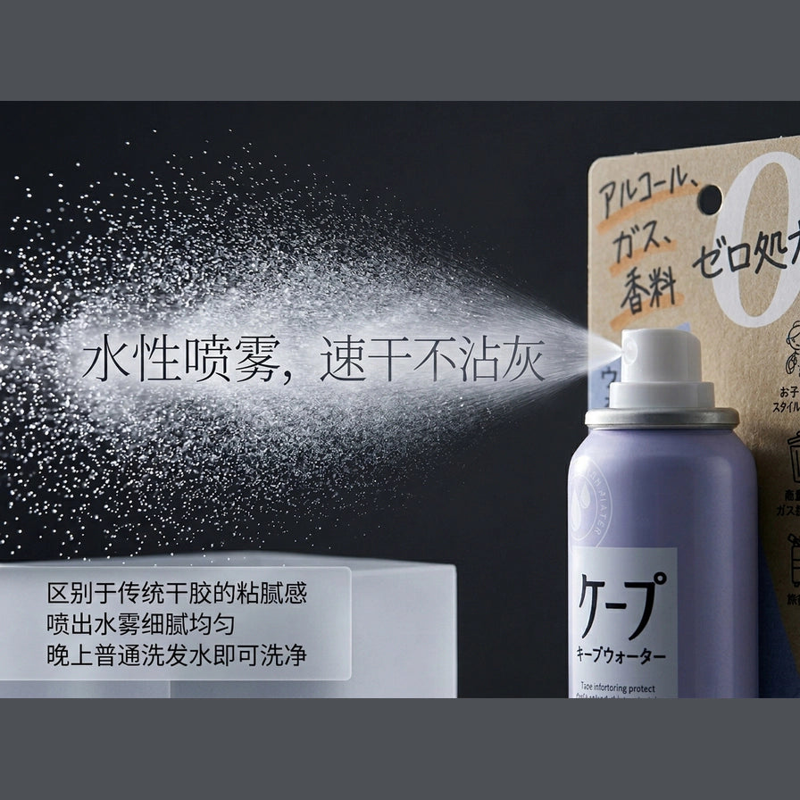 KAO Cape 喷雾细腻水雾效果演示图，配有中文文案强调水性配方速干不沾灰。