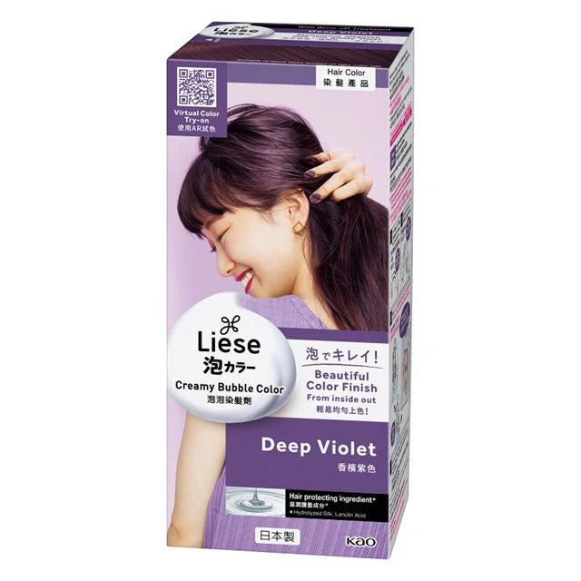 花王 Liese 泡沫染发剂紫罗兰色包装盒，展示模特染后深紫色头发效果及 Deep Violet 字样。