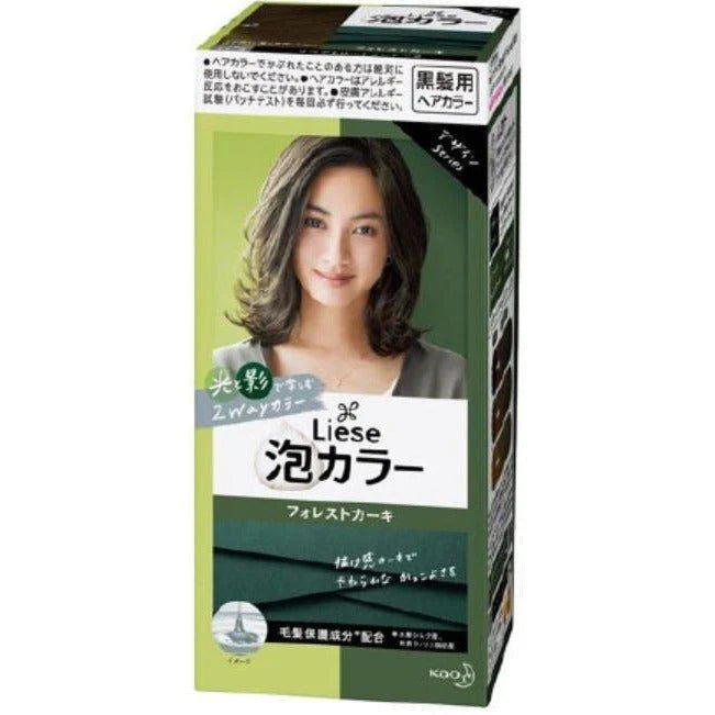 花王 Liese 泡沫染发剂卡其色包装盒，展示模特染后 Forest Khaki 发色效果及绿色包装设计。