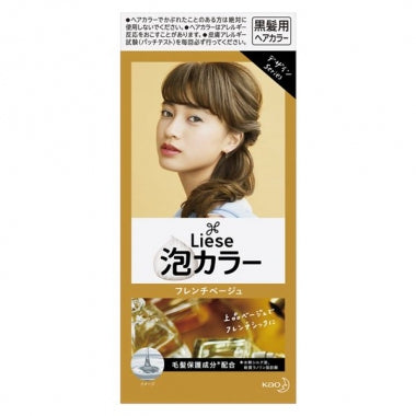 花王 Liese 泡沫染发剂法国米色包装盒，展示模特染后 French Beige 发色效果及金色系包装。