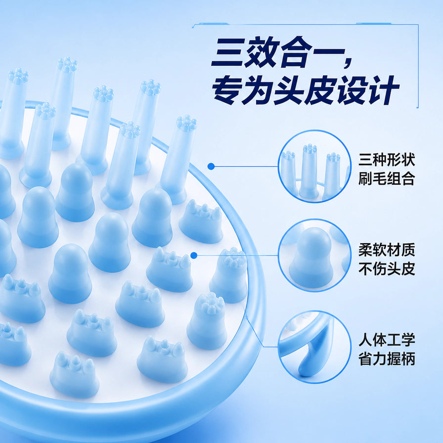 花王头皮按摩刷卖点图，标注三效合一刷毛、柔软材质及人体工学握柄。