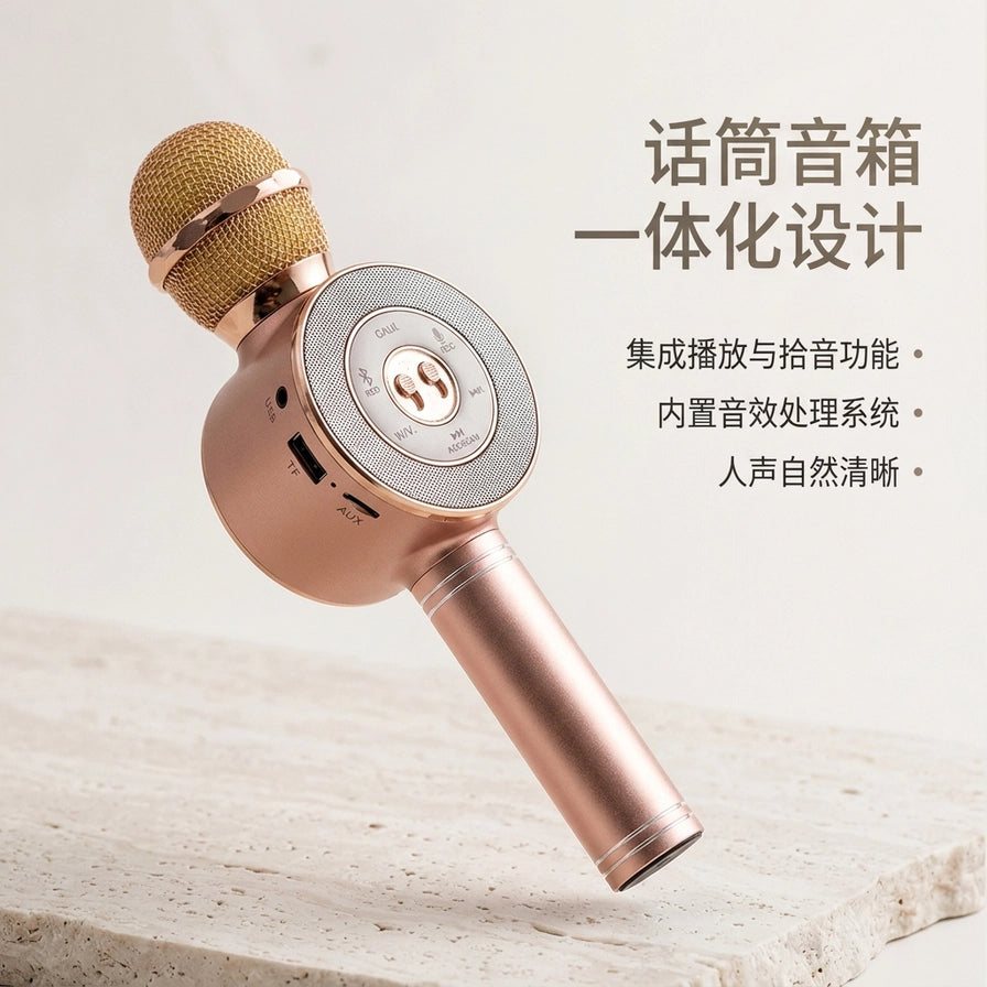 玫瑰金色一体化话筒音箱，侧面展示USB、TF卡及AUX接口，配有中文功能说明文字。