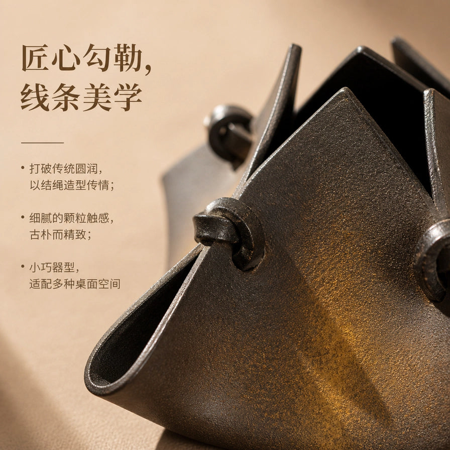 花瓶局部细节特写，展示细腻的颗粒触感与结绳线条美学，配有“匠心勾勒，线条美学”文字。