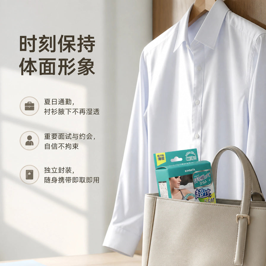 KINBATA 腋下吸汗贴使用场景图，展示产品放入手提包中，背景为挂着的白色衬衫，配有中文说明：时刻保持体面形象。
