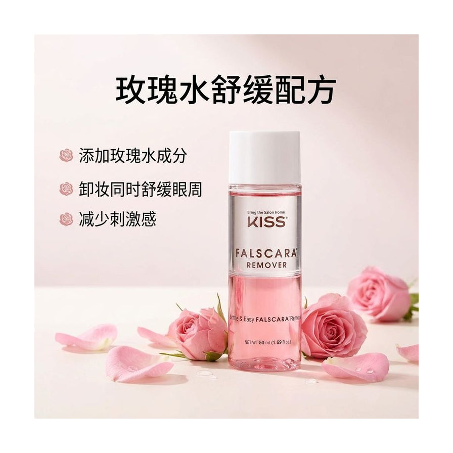 玫瑰花瓣环绕的 KISS 卸除液场景图，配有中文卖点说明强调玫瑰水舒缓配方。