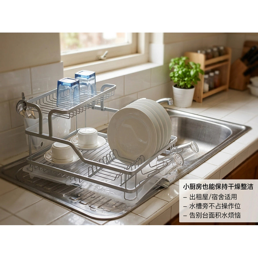 沥水架放置在厨房水槽旁的场景图，右下角有中文文本框介绍适用出租屋及保持干燥整洁的卖点。