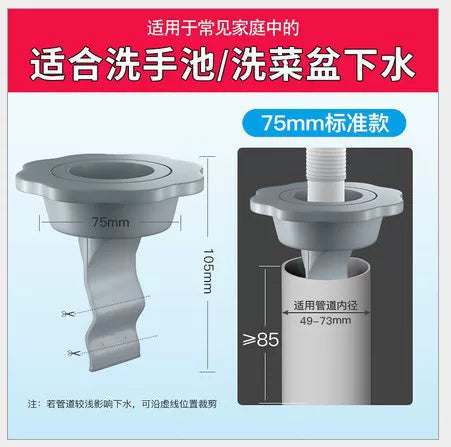 带中文说明的防臭器宣传图，标注适用于洗手池和洗菜盆下水，显示 75mm 标准款尺寸细节。