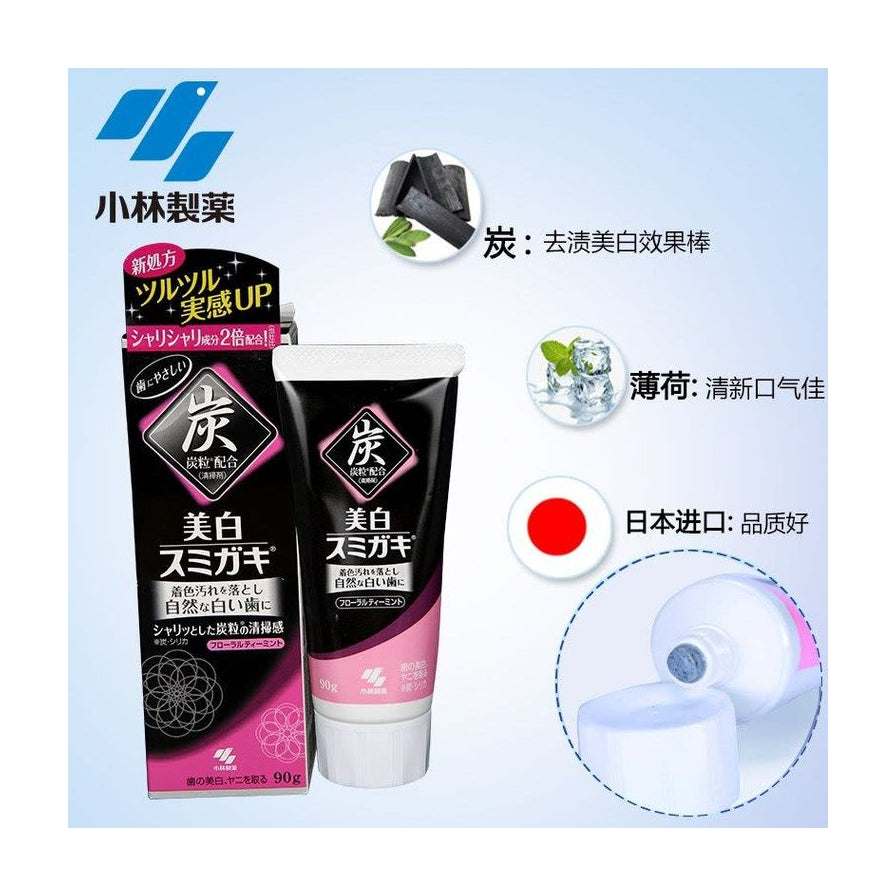 小林制药美白炭力牙膏详情图，包含产品实物、炭块、薄荷冰块图标以及挤出的灰色膏体细节，附带中文功能介绍。