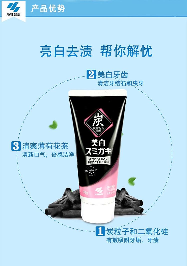 小林制药美白碳灰牙膏产品优势宣传图，包含中文卖点标注、炭粒元素装饰及蓝色背景海报设计。