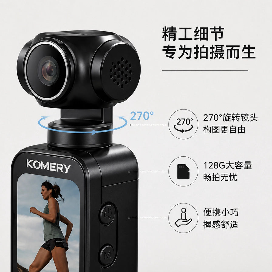 KOMERY 运动相机细节特写，展示270度旋转镜头、128G大容量、便携小巧等精工细节中文标注。