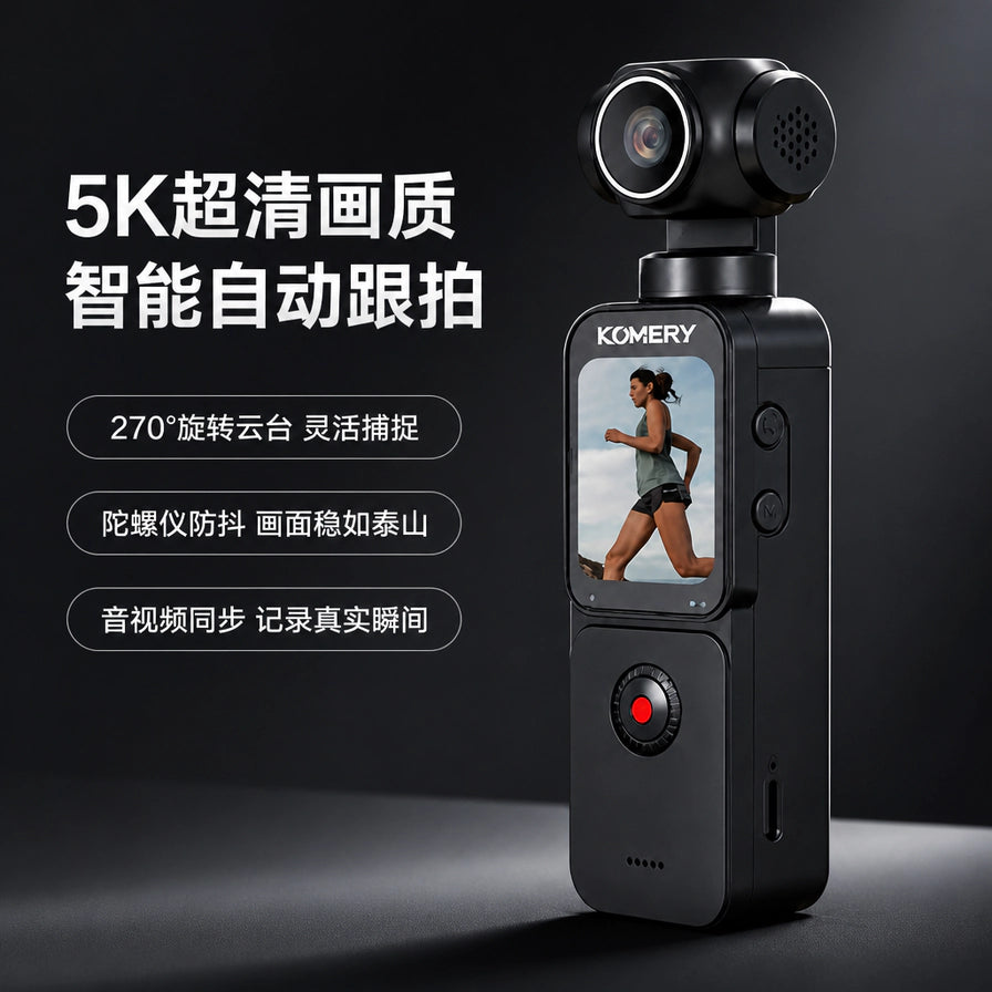 KOMERY 运动相机展示图，配有中文卖点文字：5K超清画质、智能自动跟拍、270度旋转云台、陀螺仪防抖、音视频同步。