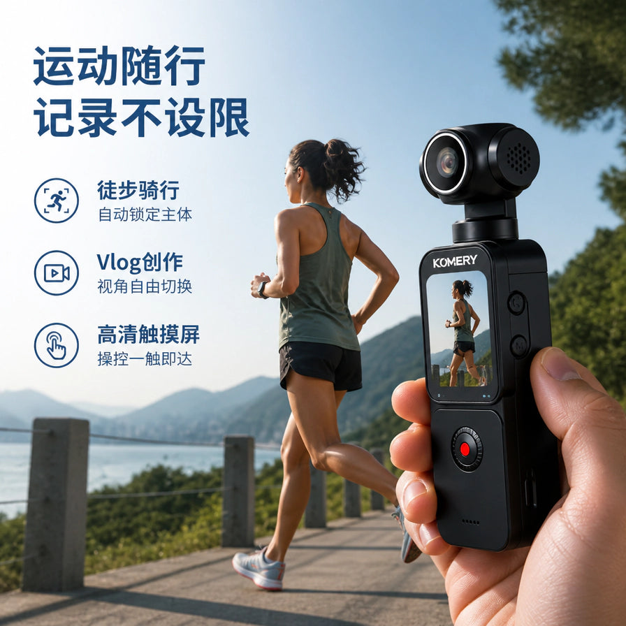 手持 KOMERY 运动相机拍摄场景，背景为户外跑步者，左侧带有运动随行、Vlog创作、高清触摸屏等中文说明。