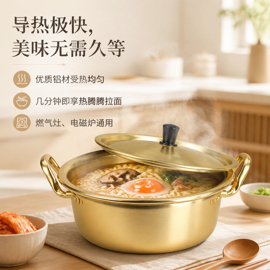 在厨房场景中展示正在煮拉面的黄铝锅，配有荷包蛋，上方带有导热快、燃气灶电磁炉通用的中文卖点文字。