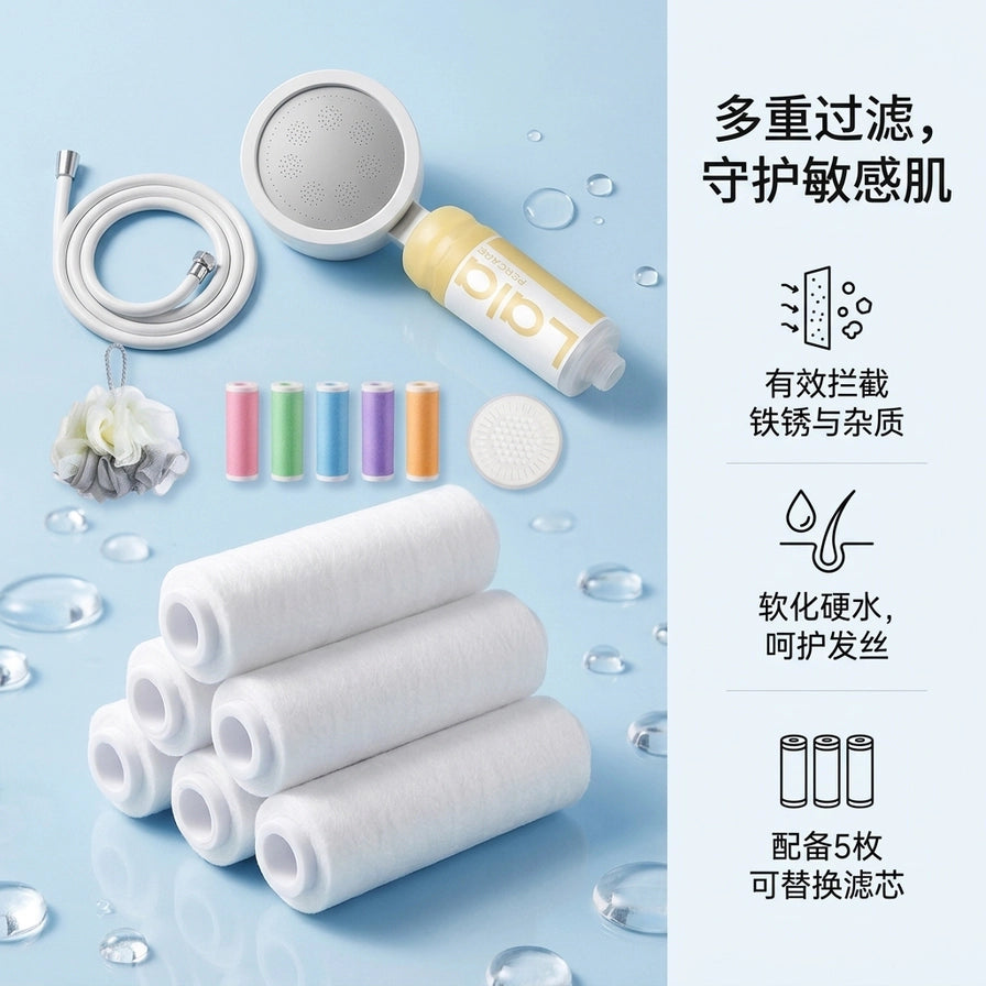 蓝色背景下展示的5枚白色替换滤芯堆叠，右侧配有文字说明多重过滤、守护敏感肌、拦截铁锈杂质等卖点。