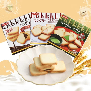 Languly 夹心饼干移动端商品详情页截图，包含中文卖点说明和口味选项。