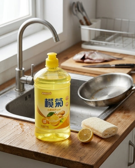 洗洁精电商说明图，展示去腥清洁卖点与使用场景的中文海报