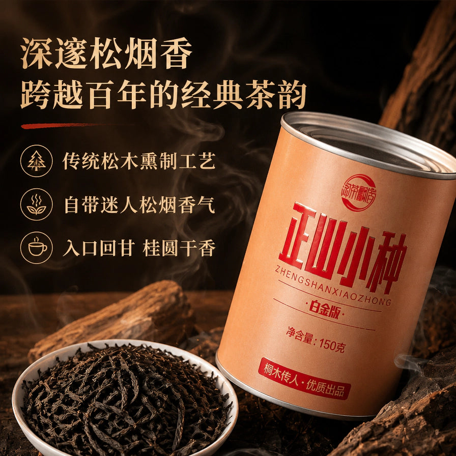正山小种红茶卖点海报，配文深邃松烟香，展示干茶条索与罐装产品。