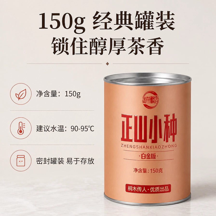 正山小种红茶规格说明海报，标注150g经典罐装，锁住醇厚茶香及冲泡建议。