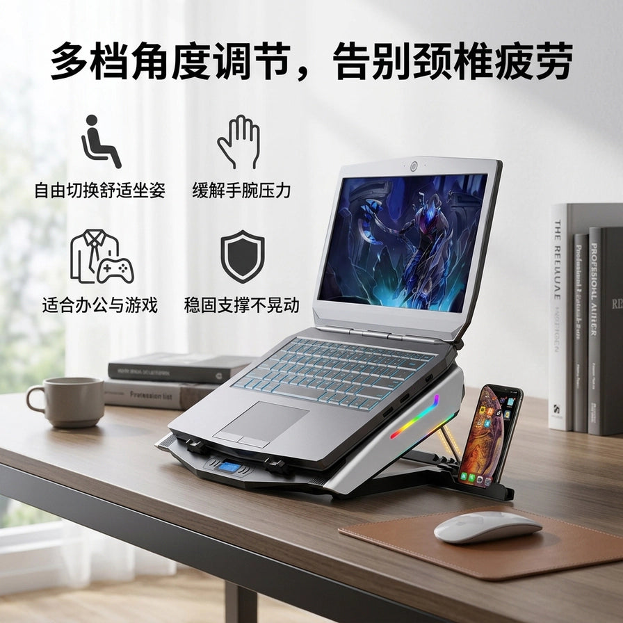冰尊 N10 散热器在办公桌上的场景图，上方配有中文标题多档角度调节，展示其缓解颈椎疲劳、稳固支撑的特点。