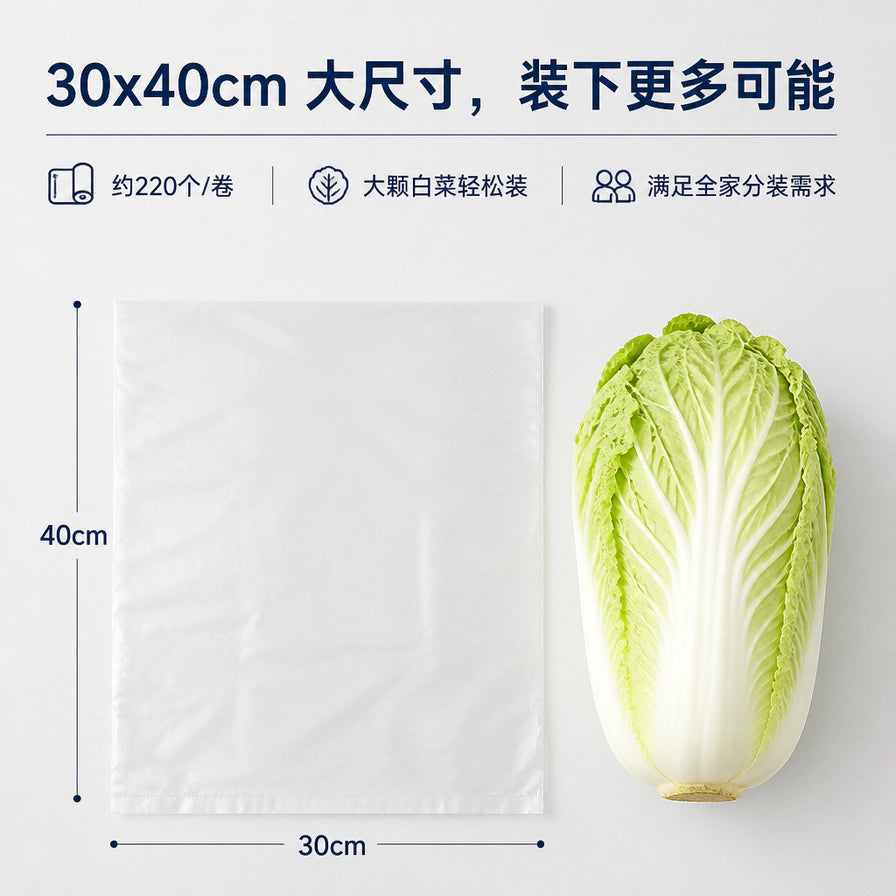 保鲜袋尺寸对比图，展示30x40cm大尺寸可装下整颗白菜，并标注约220个每卷。