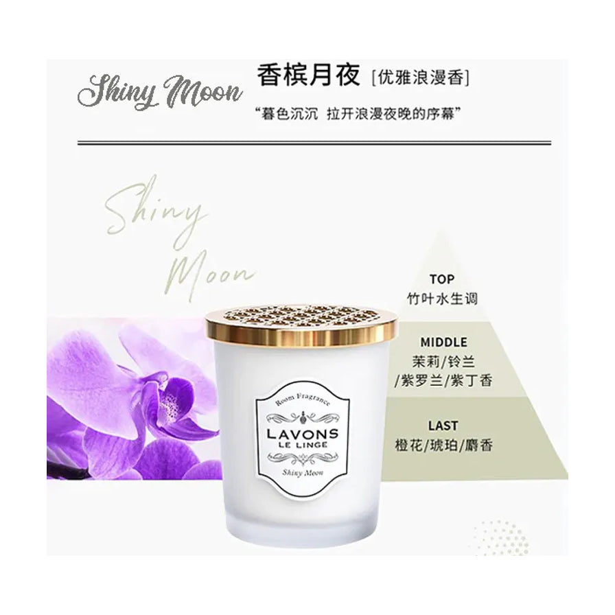 LAVONS 香槟月夜香薰宣传海报，包含产品实物图、紫色兰花背景以及前中后调香氛成分说明文字。