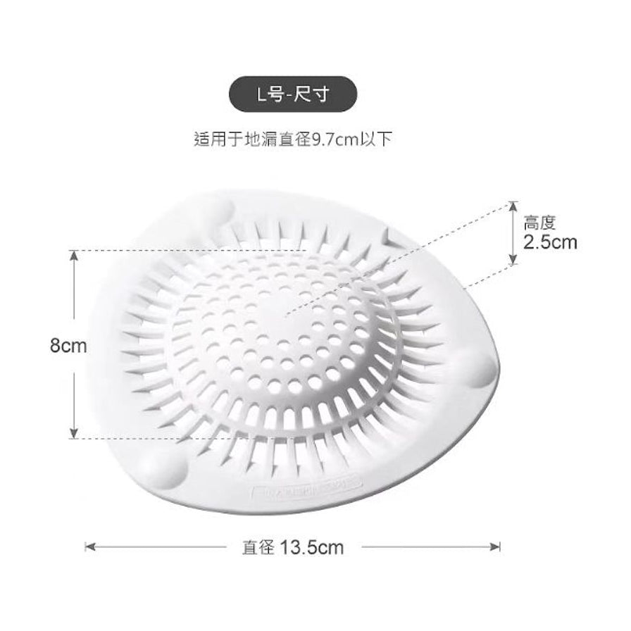 地漏过滤网尺寸标注图，显示直径13.5厘米，高度2.5厘米，适用于直径9.7厘米以下的地漏。